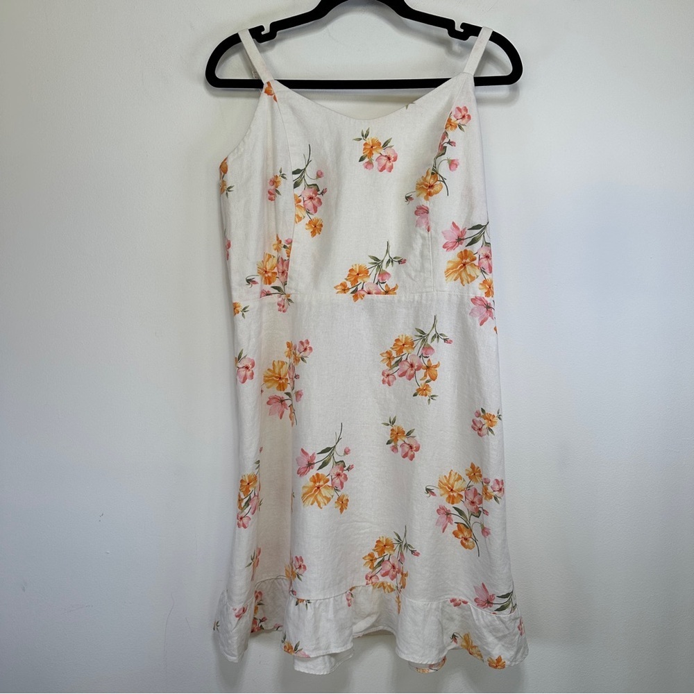 Old Navy Linen Blend Floral Sundress White Orange Ruffle Hem Cami Mini Dress L